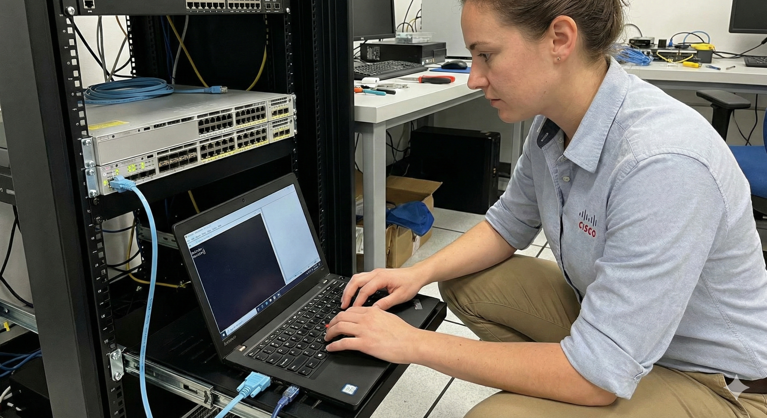 A network engineer using a laptop to perform CLI configuration on a Cisco Catalyst 9200 series switch.